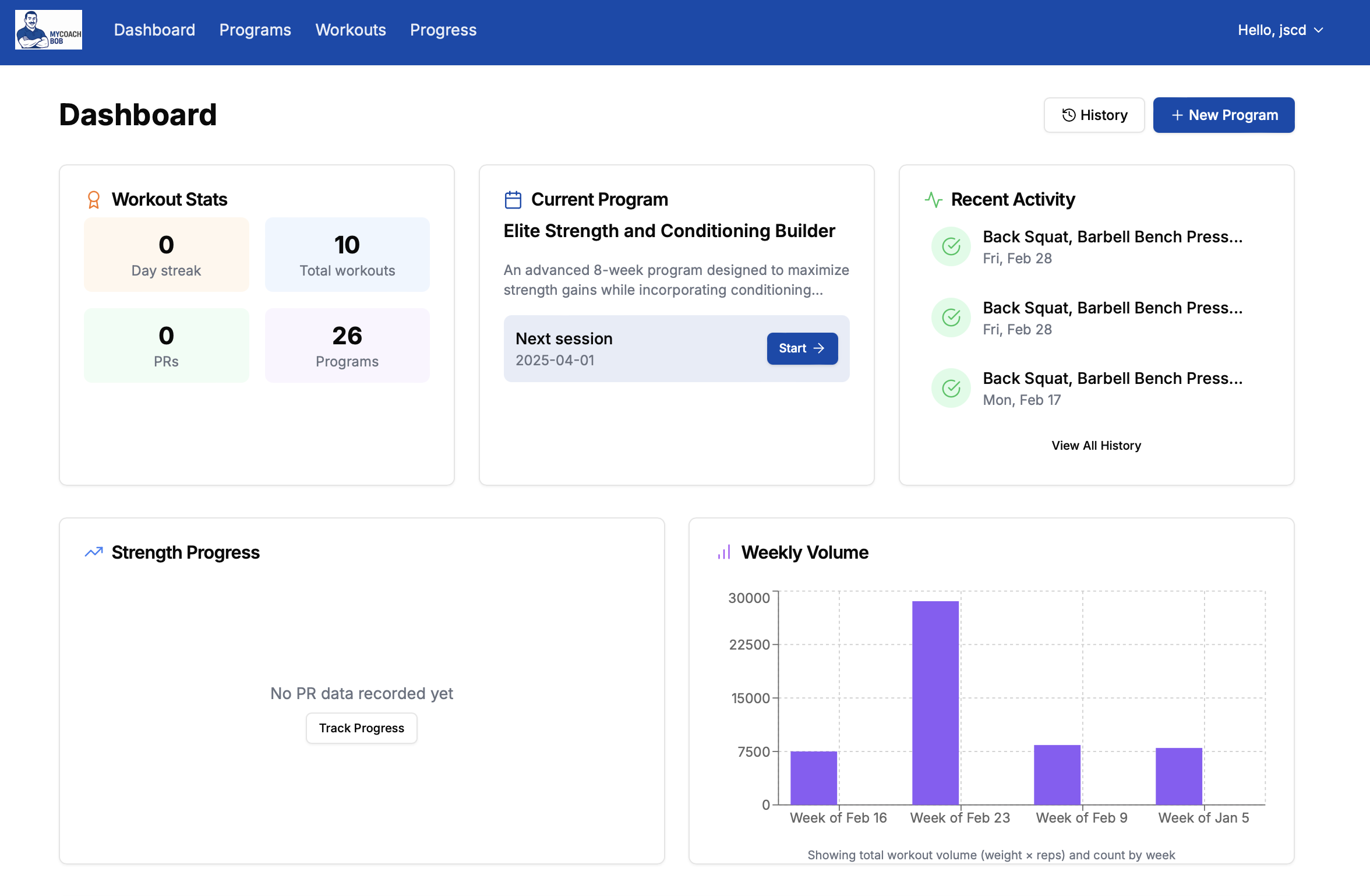 MyCoachBob app dashboard showing workout programming